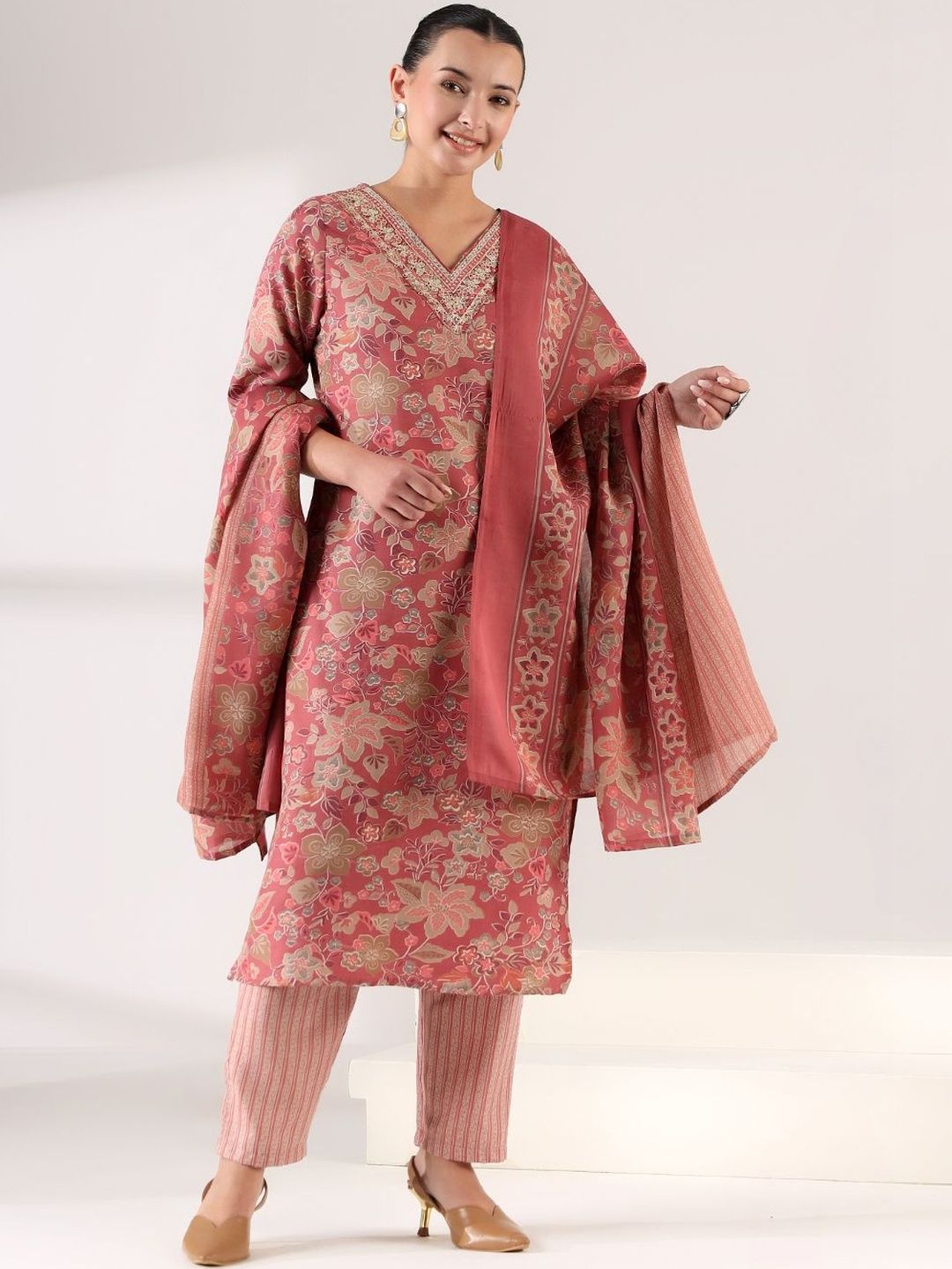 Kurta Kerja Benang Biasa Bercetak Bunga Mamicha Wanita dengan Seluar & Dengan Dupatta