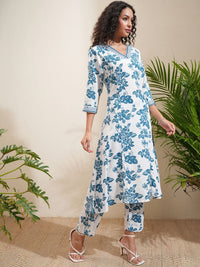 Vishudh Floral Printed Panelled Mirror Work Kurta With Trousers