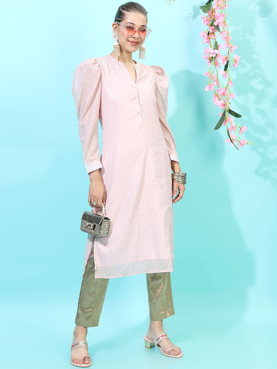 Vishudh Pink Floral Woven Design Mandarin Collar Puff Sleeves Straight Kurta