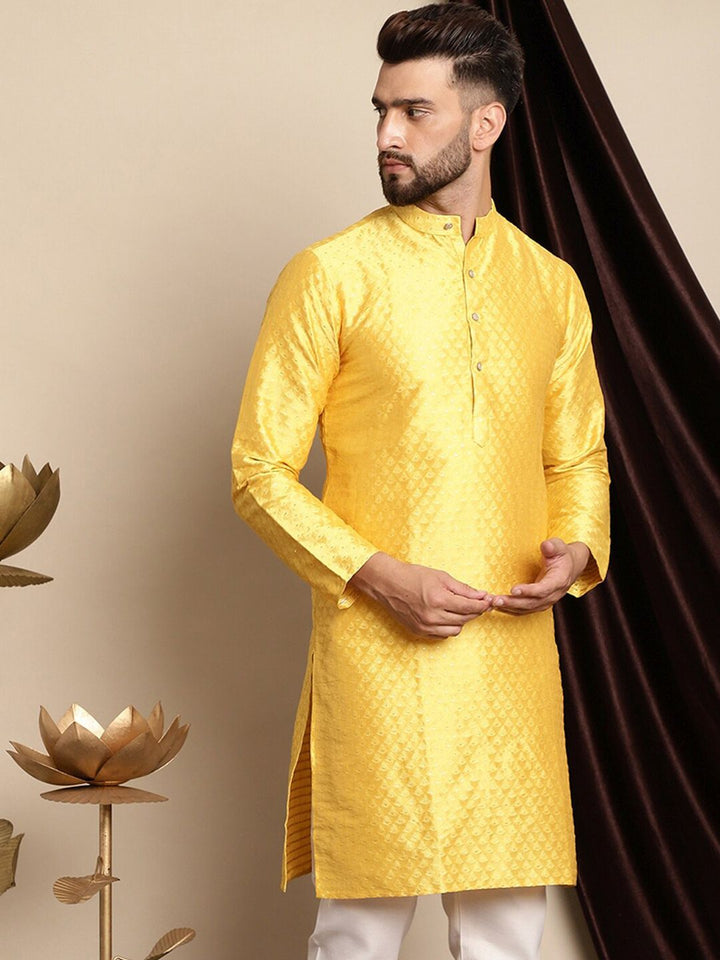 Anouk Woven Design Band Collar Zari Silk Cotton Straight Kurta