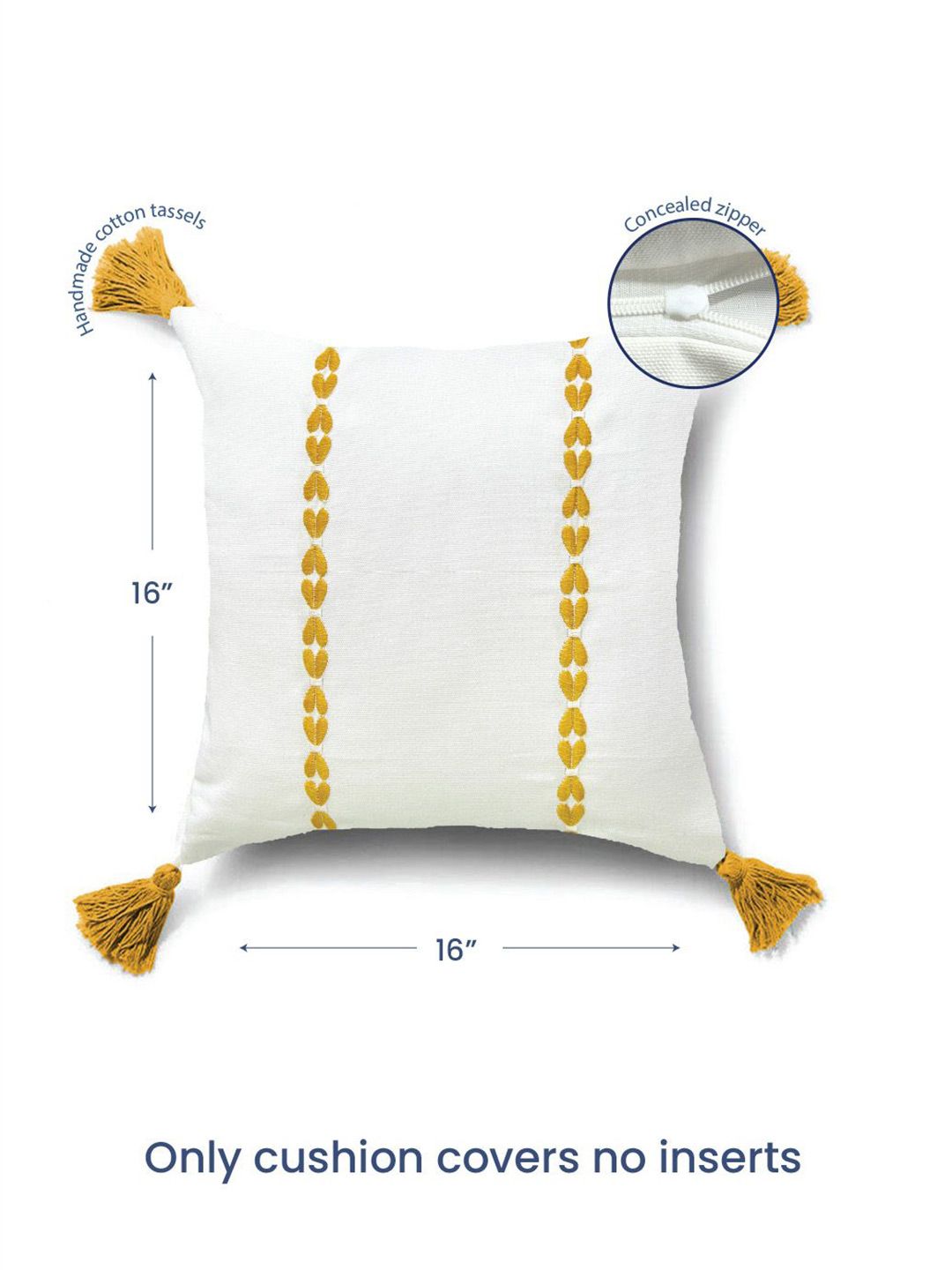 URBAN SPACE Yellow & White 2 Pieces Embroidered Pure Cotton Square Cushion Covers