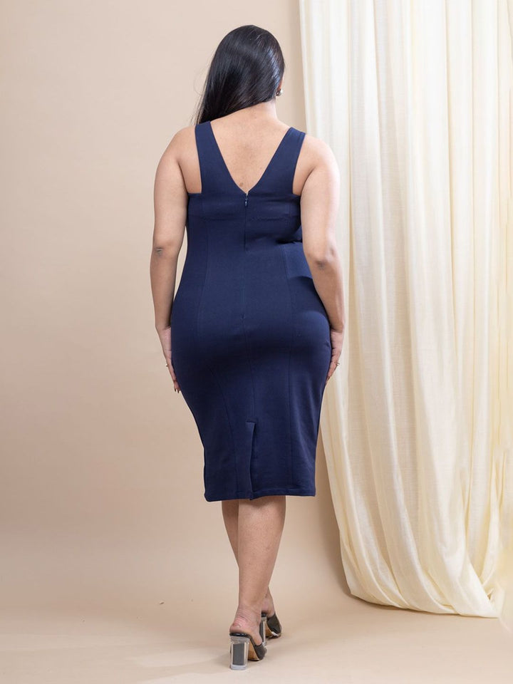 Mamicha Solid Bodycon Asymmetric Neck Midi Dress