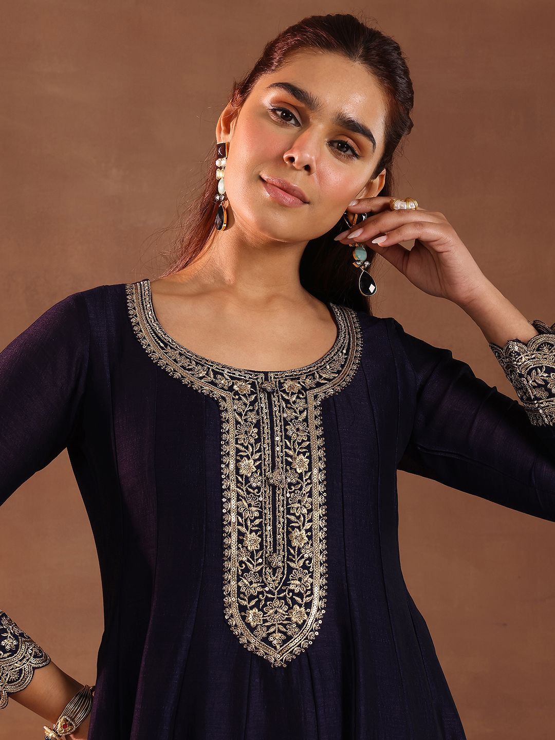 Libas Womens Purple Embroidered Anarkali Kurta With Trousers & Dupatta