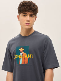 THE BEAR HOUSE Typography Printed Drop Shoulder Sleeves Cotton Oversized T-shirt
