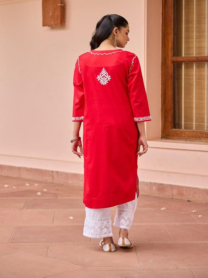 Rumah Chikankari Wanita Red Cotton Chikankari Sulam Kurta