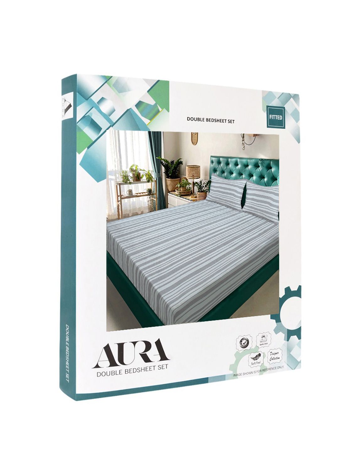 Aura Grey & Off White Striped 300 TC Fitted King Bedsheet Set 2.5 x 2.25 m