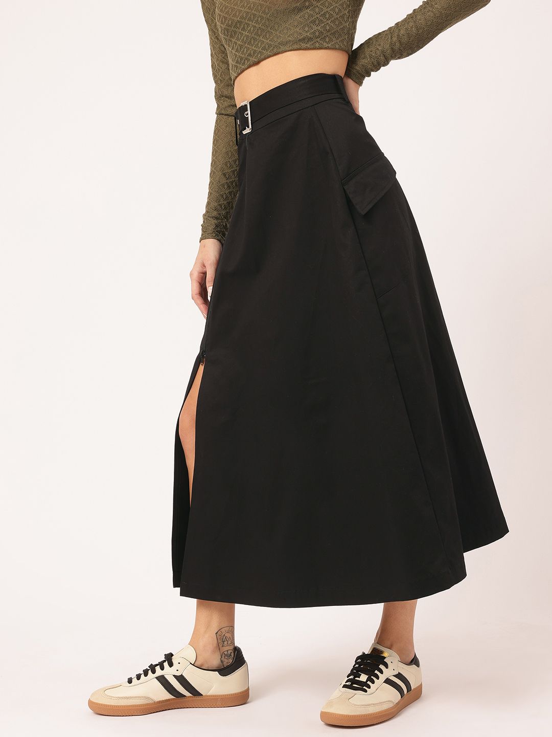 DressBerry Luxe Line Belted Midi A-line Skirt with Zip-Detail