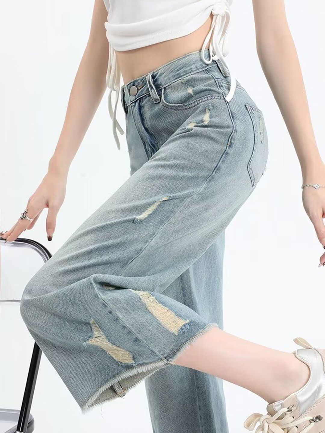 DressBerry Women Straight Fit Low Distress Light Fade Jeans