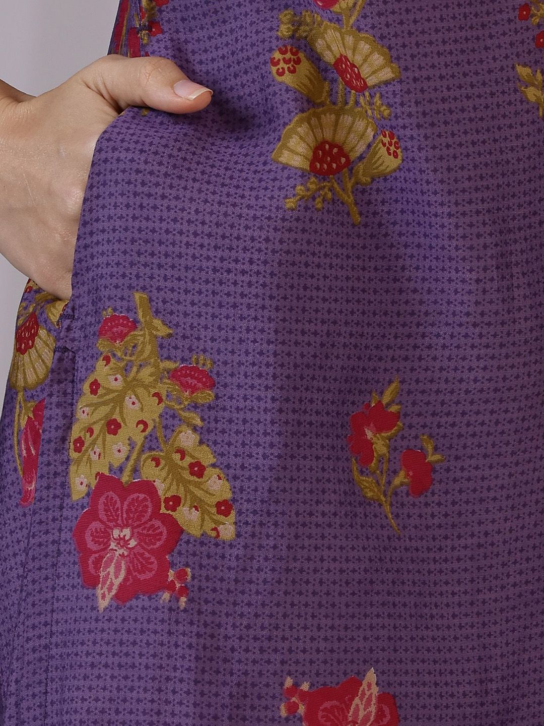 W Purple Floral Printed Mandarin Collar Three-Quarter Sleeves Straight Kurta