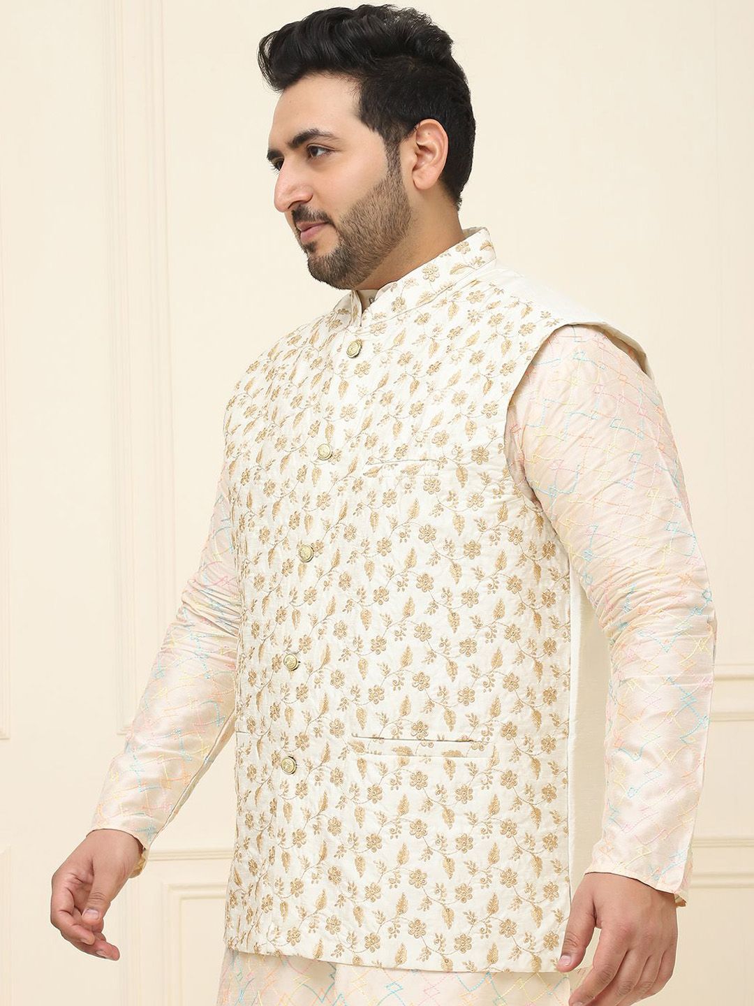 SOJANYA PLUS Men Plus Size Embroidered Mandarin Collar Nehru Jacket