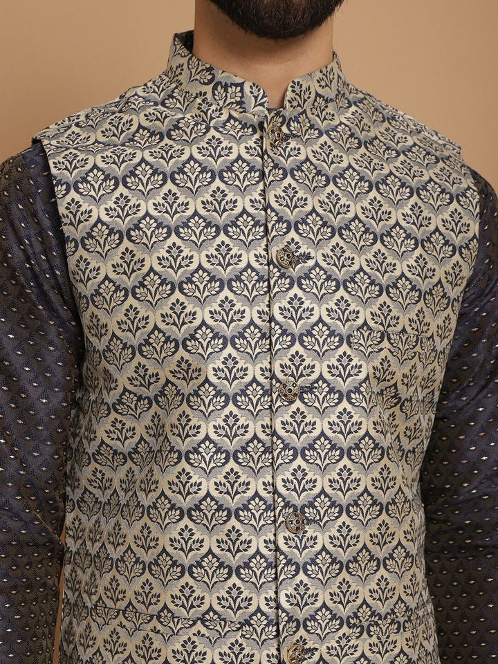 Anouk Men Geometic Embroidered Kurta With Churidar & Woven Design Nehru Jacket