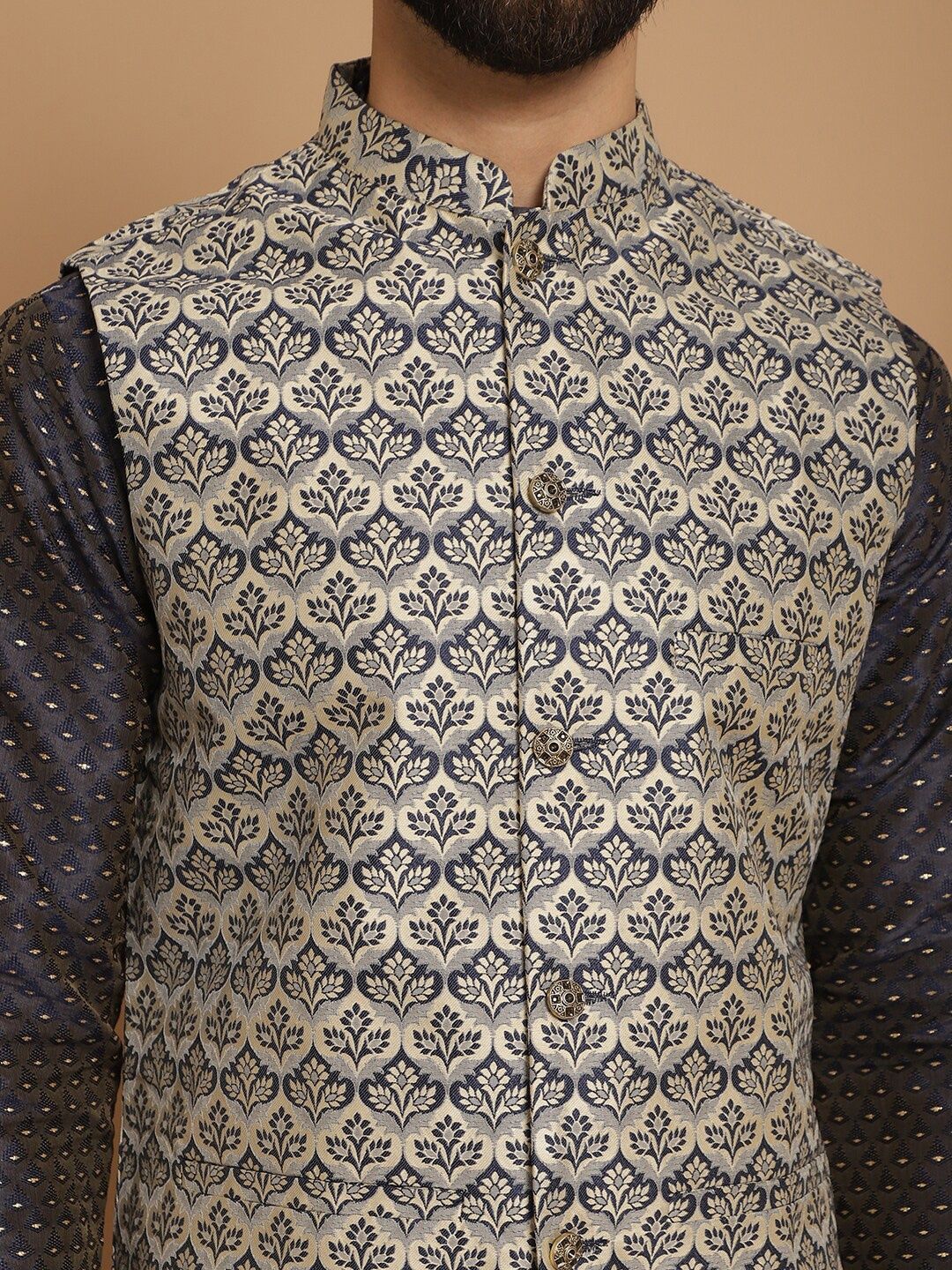 Anouk Men Geometic Embroidered Kurta With Churidar & Woven Design Nehru Jacket