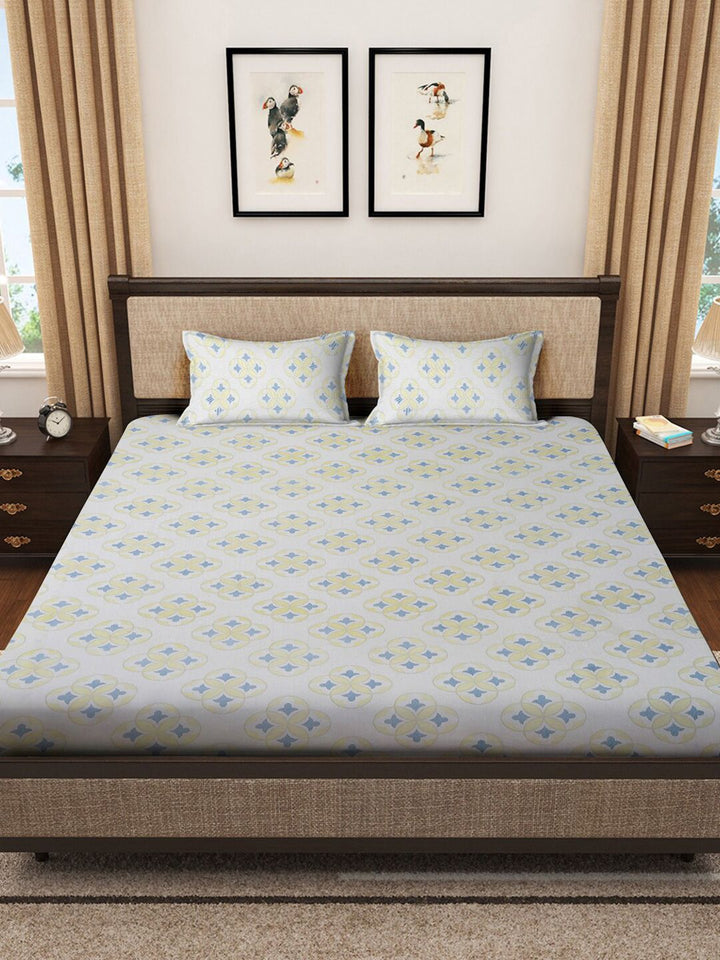 KLOTTHE White Floral Pure Cotton 400 TC King Superfine Bedsheet with 2 Pillow Covers-98 x 89 inches