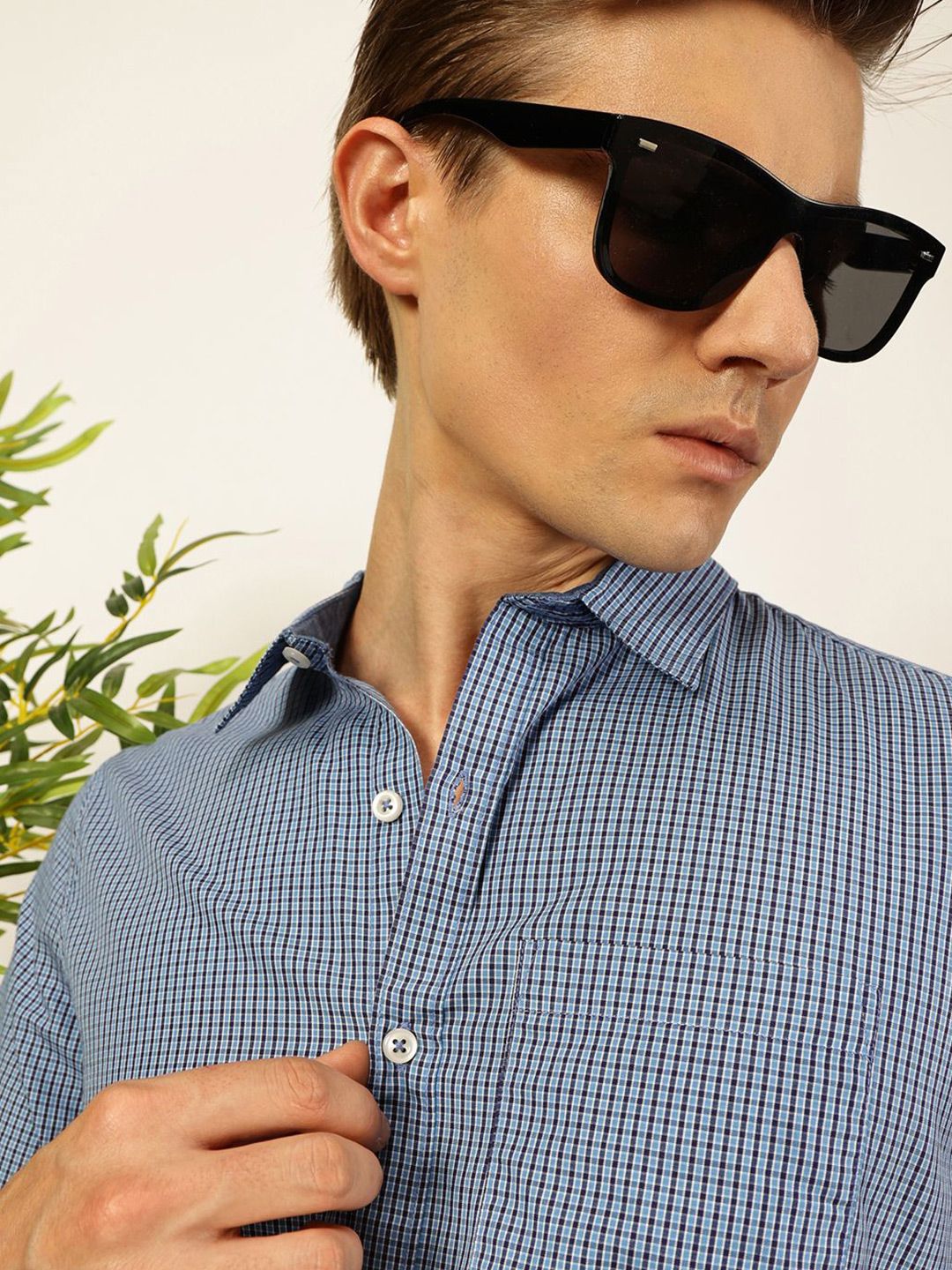 Thomas Scott Men Smart Spread Collar Micro Checked Cotton Slim Fit Casual Shirt