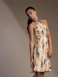 Mamicha Print Halter Neck Crepe Fit & Flare Dress