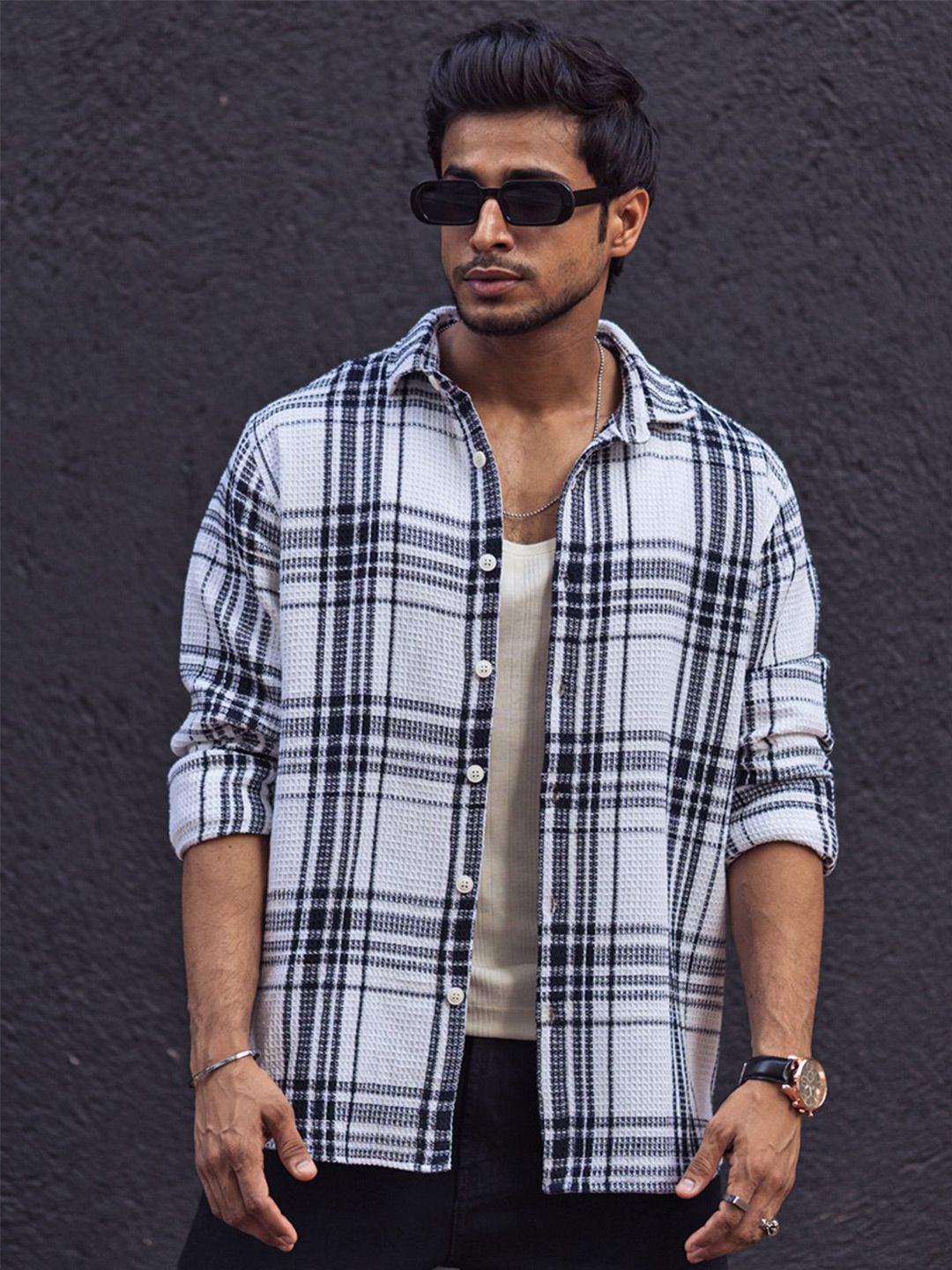 Powerlook Men Spread Collar Tartan Checked Cotton Canvas Casual Shirt