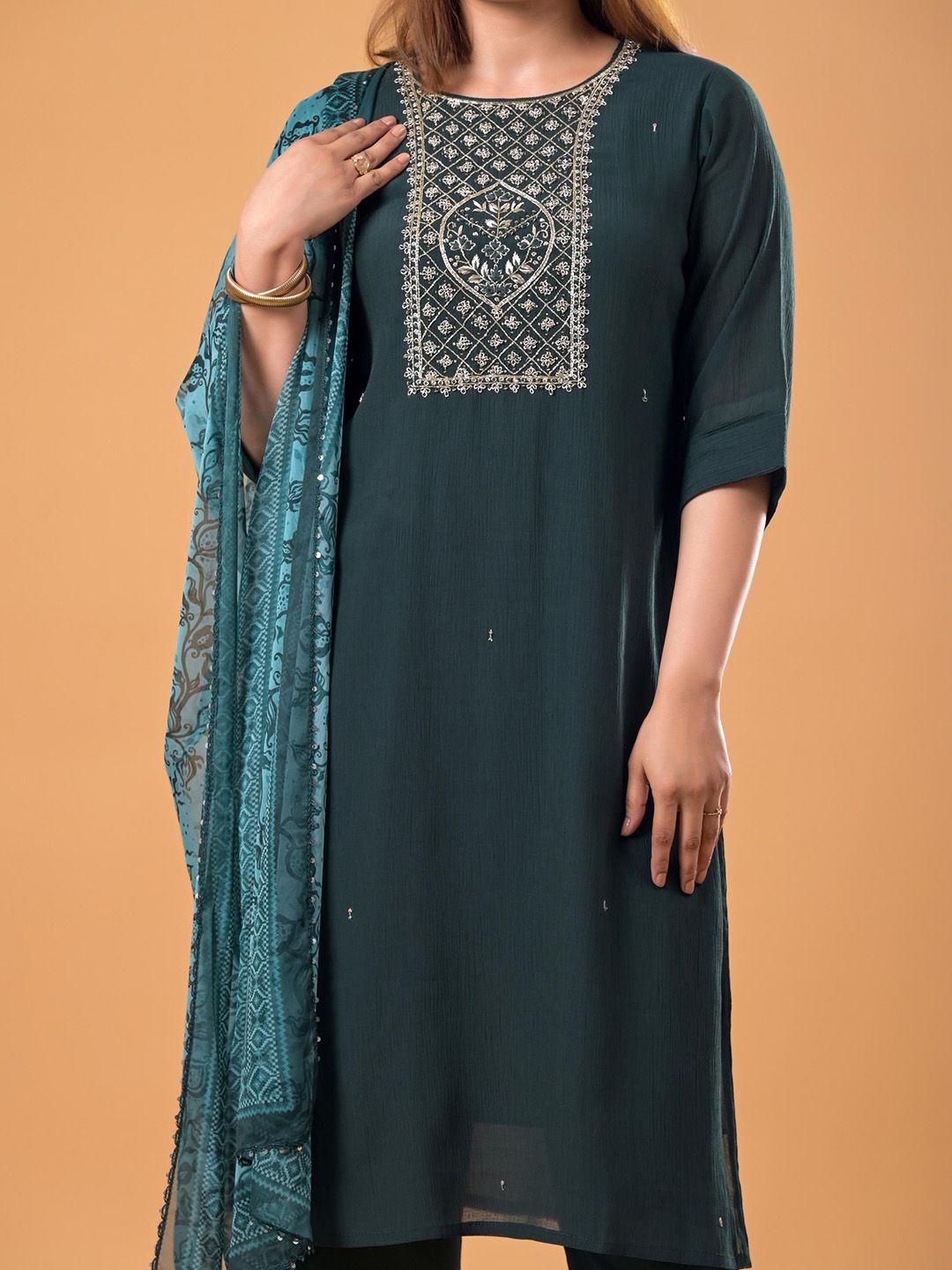 Mamicha Women Woven Design Embroidered Cotton Kurta with Trousers & Dupatta