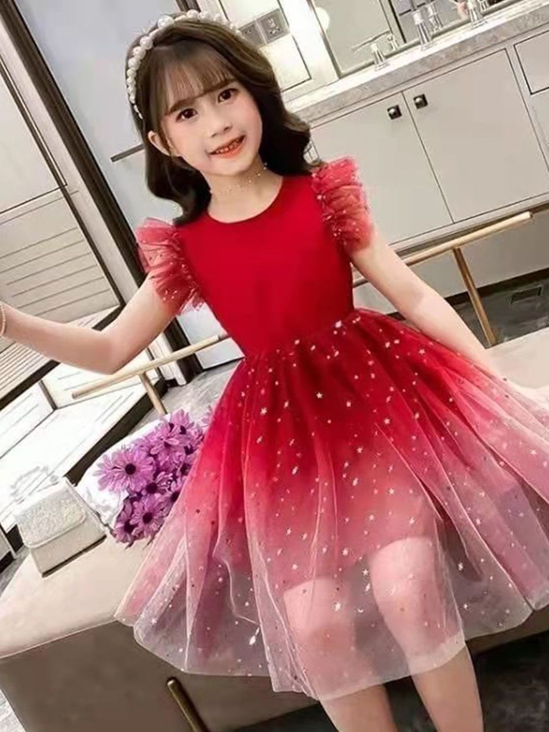 YK Print Girls Solid Embellished Flutter Sleeves Fit & Flare Dress
