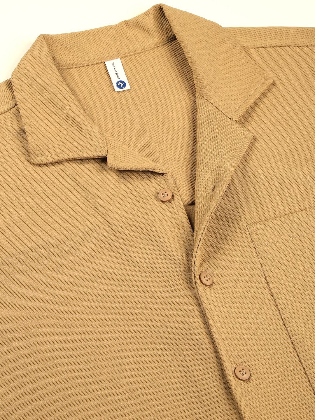 Thomas Scott Men Premium Cuban Collar Textured Cotton Oversized Casual Shirt
