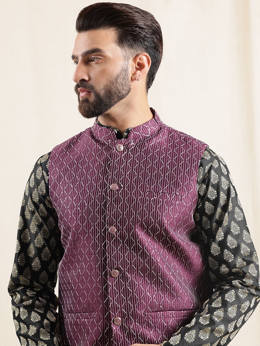 Anouk Geometric Printed Band Collar Straight Kurta With Pyjama And Nehru jacket