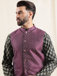 Anouk Geometric Printed Band Collar Straight Kurta With Pyjama And Nehru jacket