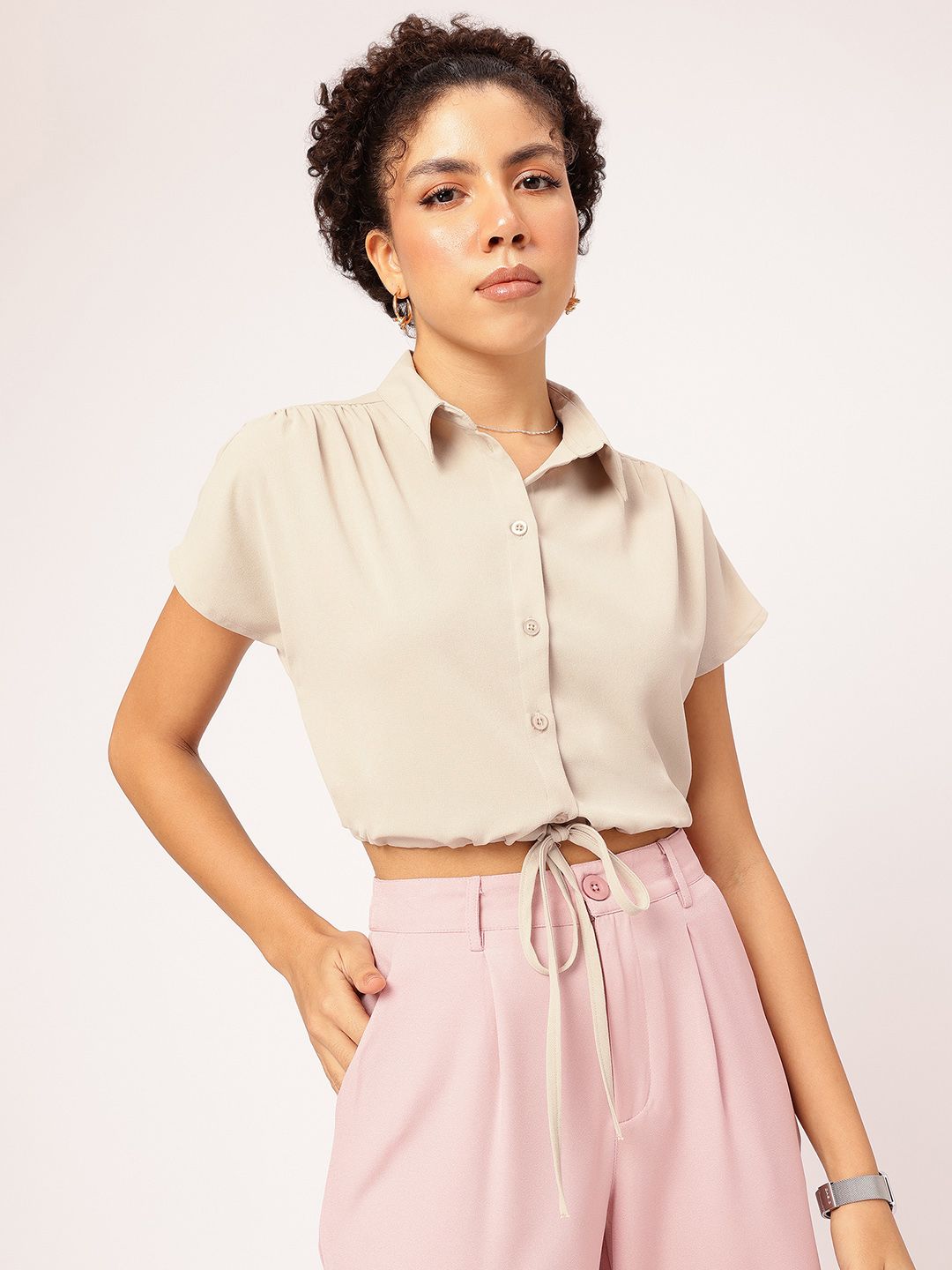 DressBerry Neutral Chic Tie-Up Waist Shirt Style Crop Top