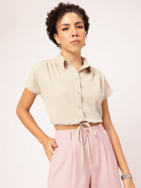 DressBerry Neutral Chic Tie-Up Waist Shirt Style Crop Top