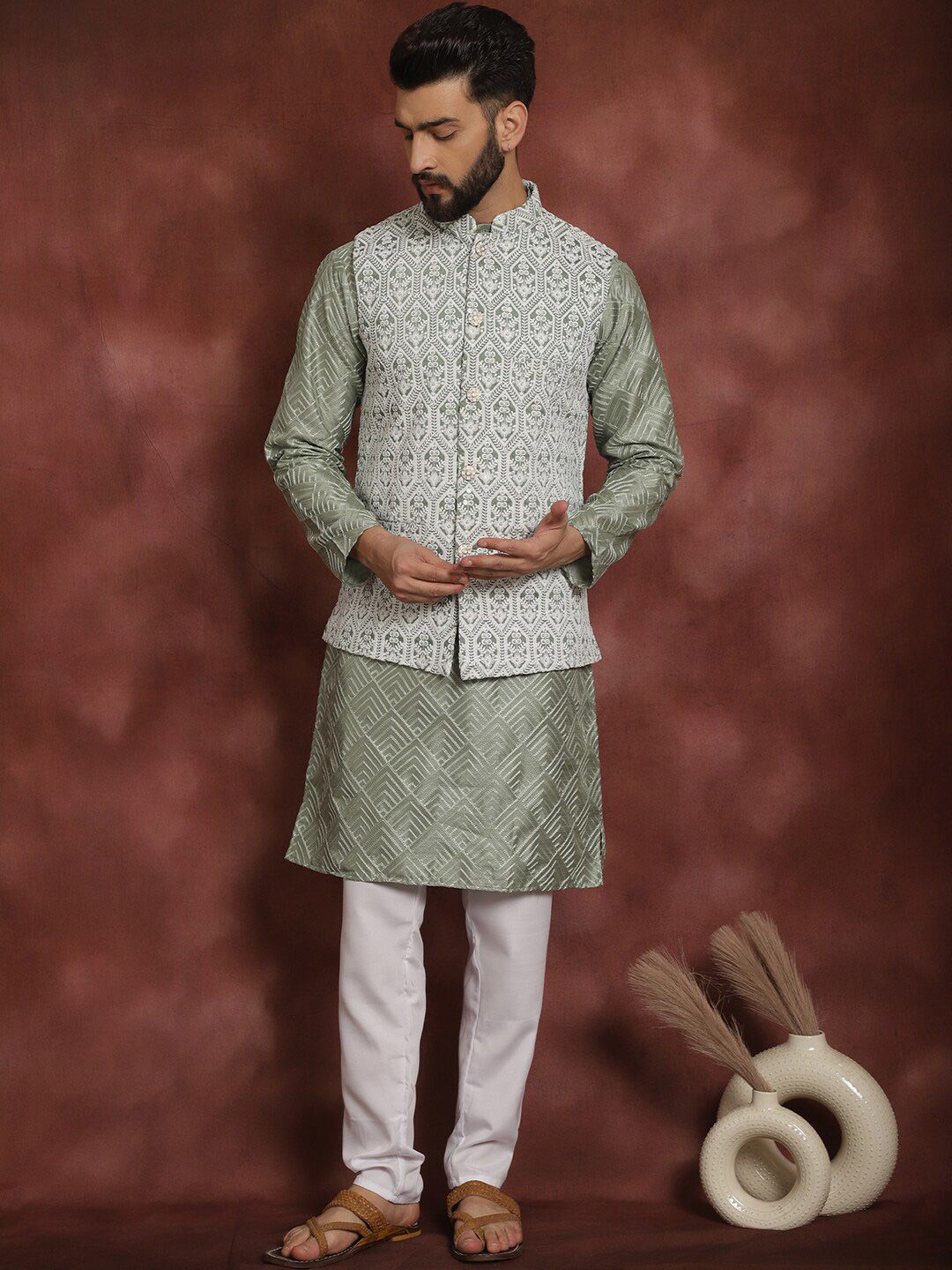Anouk Floral Woven Design Mandarin Collar Long Sleeves Kurta with Churidar Nehru Jacket
