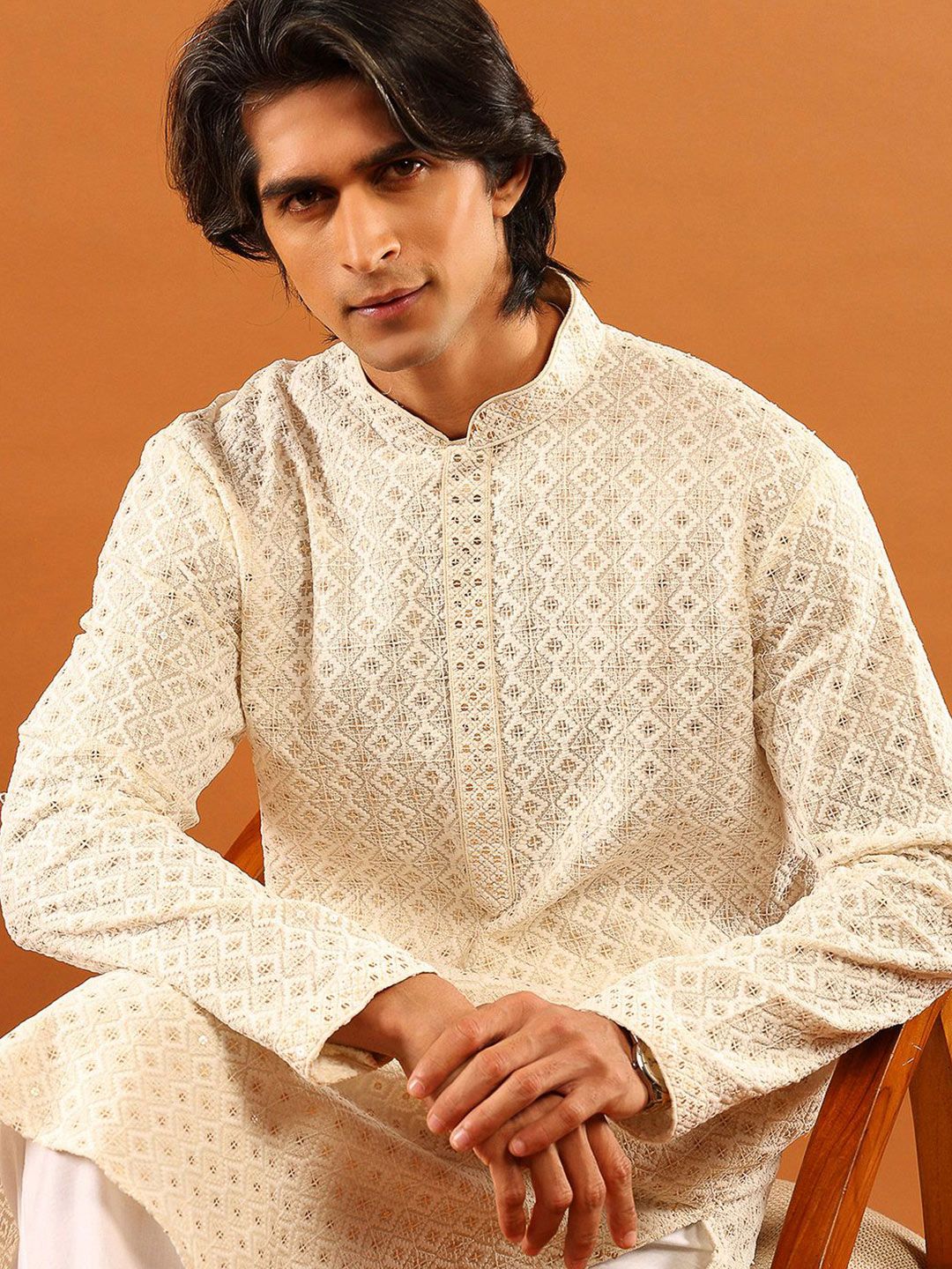 House of Chikankari Men Cream Cotton Sulam Kurta