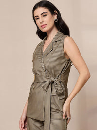 SASSAFRAS worklyf Vertical Striped Double Breasted Front Tie Up Formal Blazer