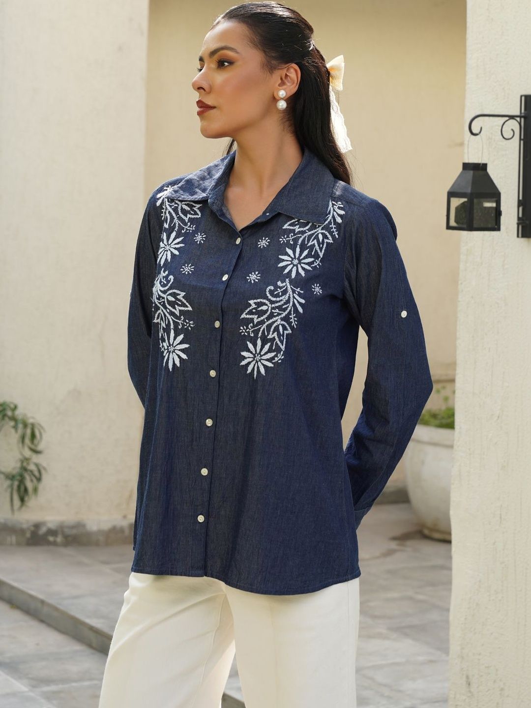 House of Chikankari Chikankari Solid Women's Shirt-dark Blue Shirts
