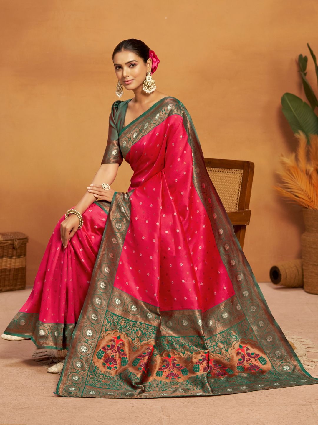 Kalini Silk Blend Woven Paithani Saree with Blouse Piece