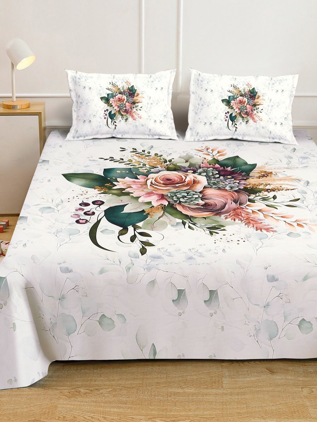 KLOTTHE White Floral Printed Fitted 400 TC Double King 7D Bedsheet With 2 Pillow Cover