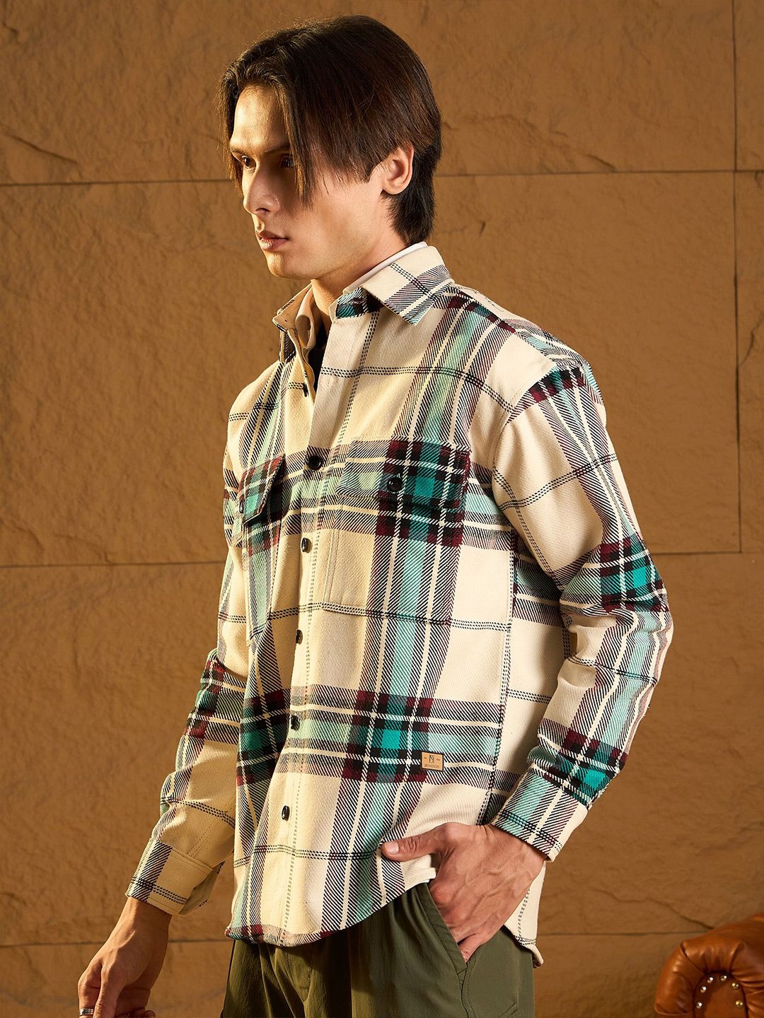 DENNISON Men Double Pocket Drop Shoulder Oversized Cotton Checked Shacket