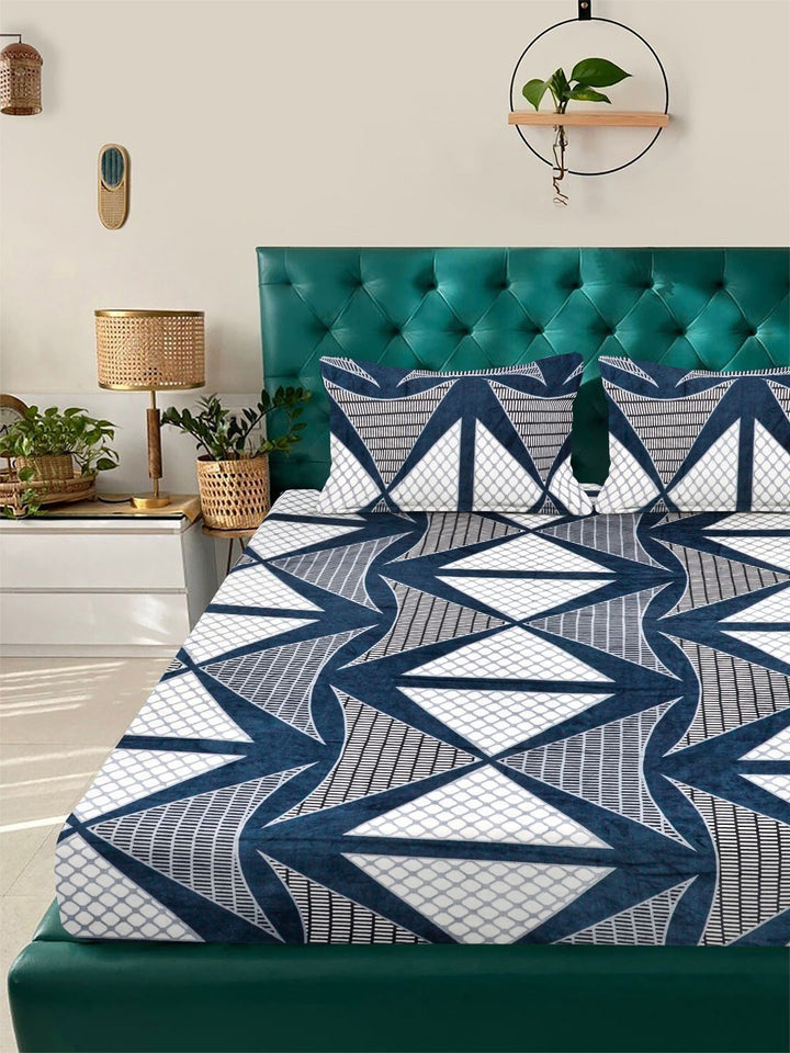 KLOTTHE Blue Geometric Printed Fitted Woolen 300 TC King Bedsheet With 2 Pillow Cover