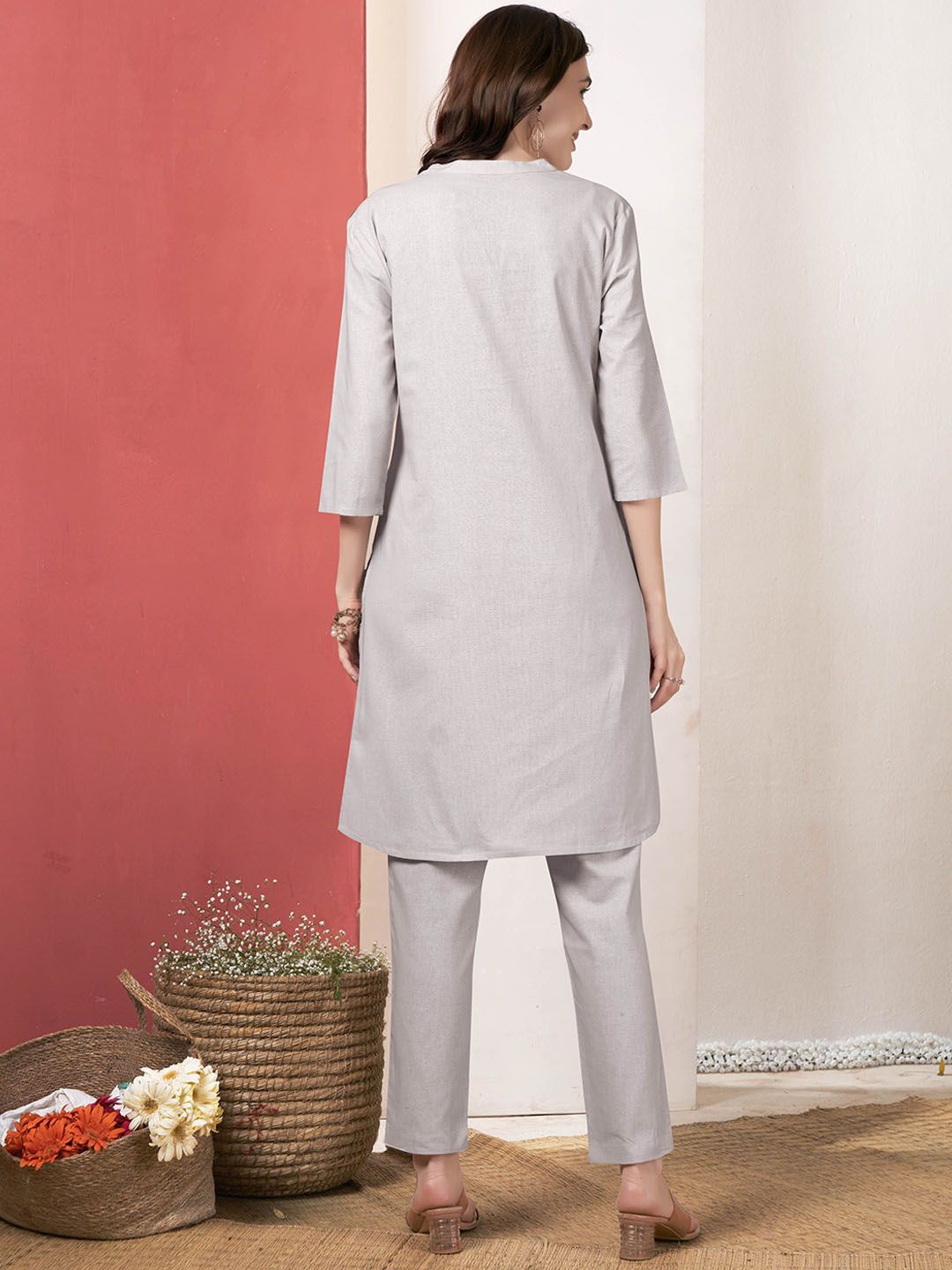 Anouk Grey V-Neck Pure Cotton Tunic With Trousers