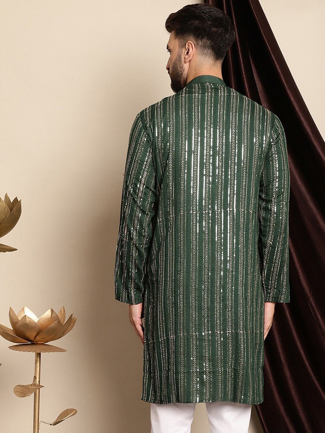 Anouk Embellished Band Collar Sequins Detail Cotton Straight Kurta