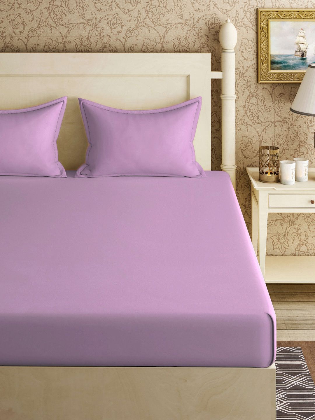 Myntra Elegant Homes Purple 300 TC Fitted King Fine Bedsheet with 2 Pillow Covers