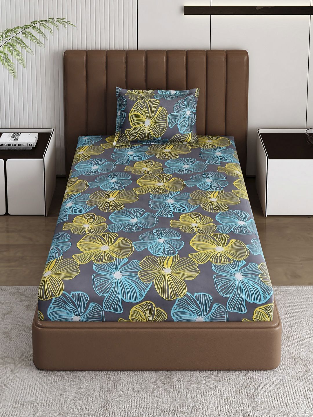 Monte Carlo Pixel Grey & Yellow Floral Printed 120 TC Single Bedsheet Set 1.52 m x 2.30 m