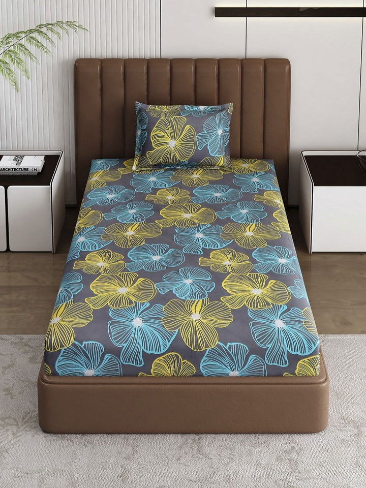 Monte Carlo Pixel Grey & Yellow Floral Printed 120 TC Single Bedsheet Set 1.52 m x 2.30 m