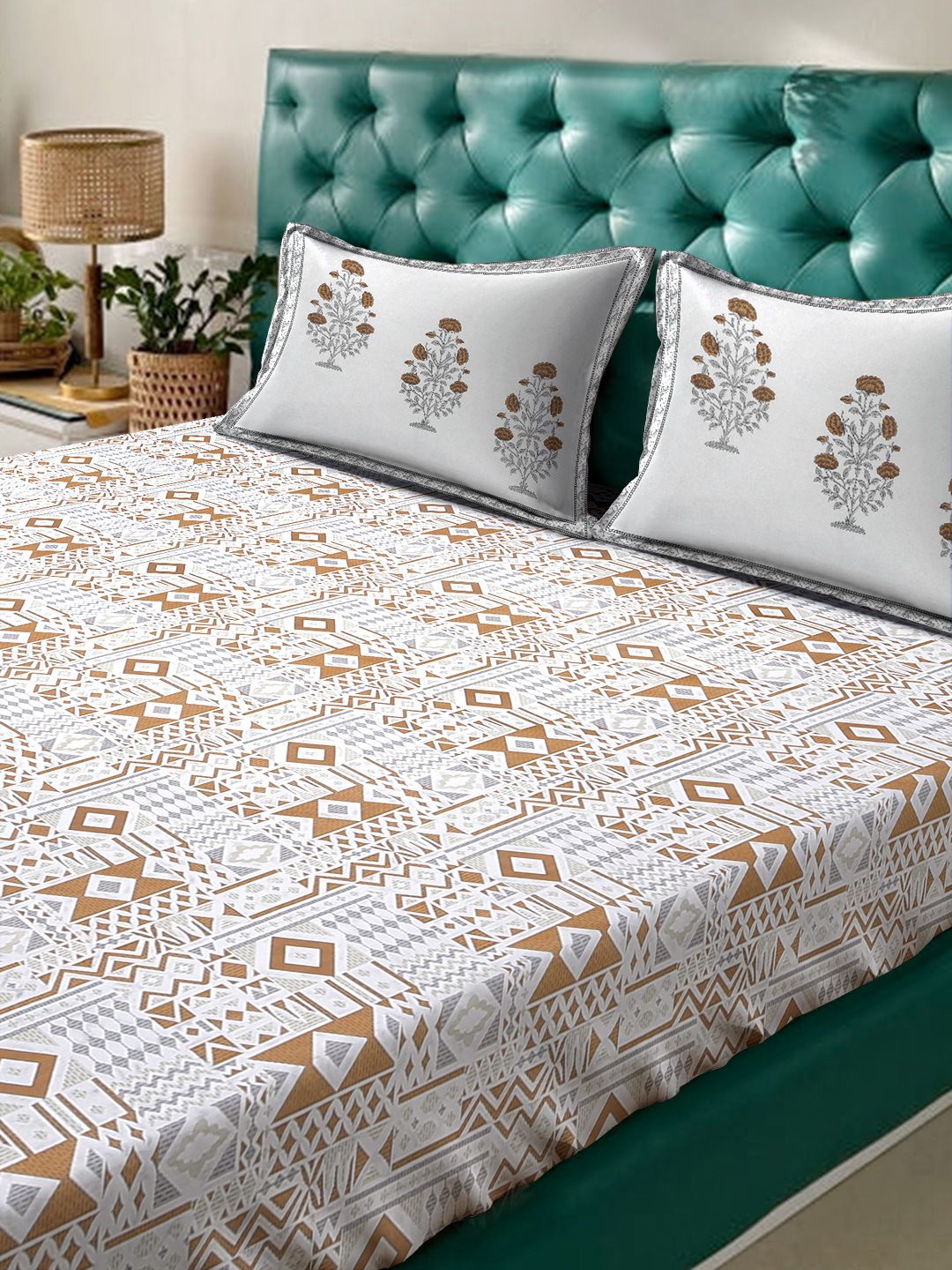 Myntra Elegant Homes White Geometric Fitted 400TC Cotton Super King Bedsheet Set 2.70 m x 2.70 m