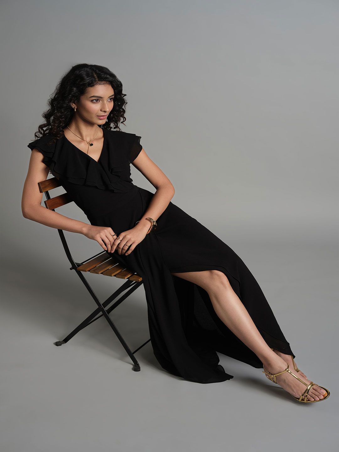 AND V-Neck Flutter Sleeves Gown Dress