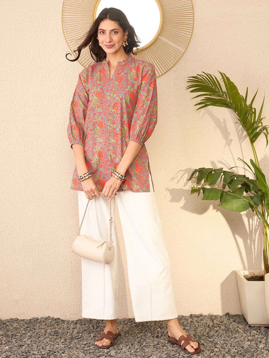 KALINI Floral Printed Mandarin Collar Top