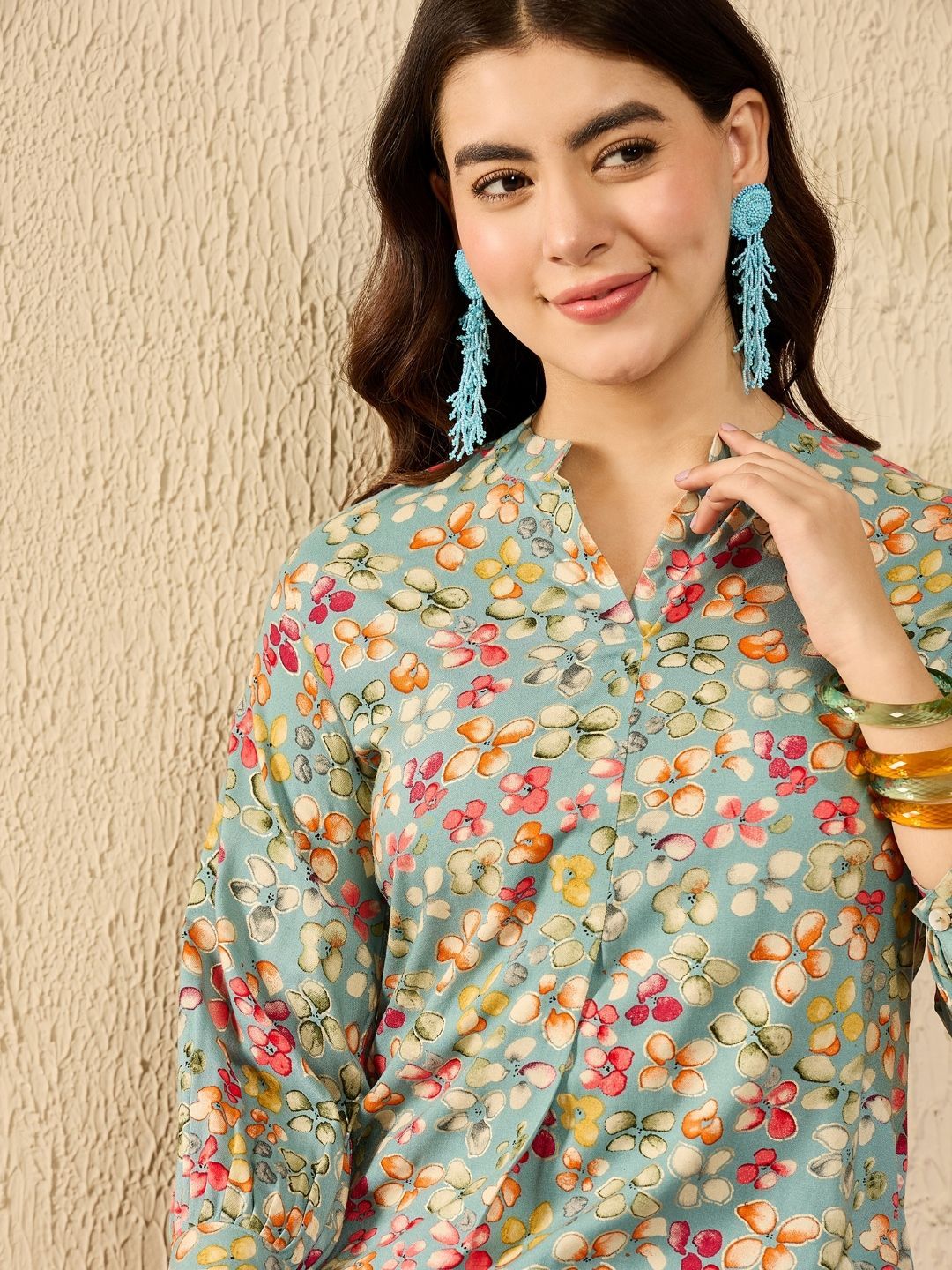 KALINI Women Floral Printed Cuffed Sleeves Mandarin Collar Top