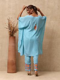 House of Chikankari Women Sky Blue Cotton Aari Embroidered Kaftan Set
