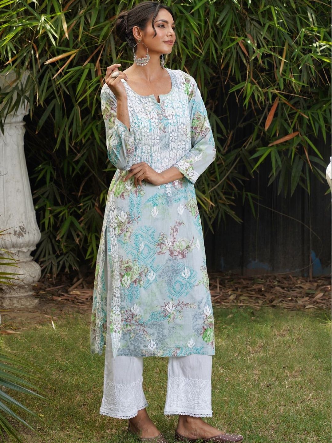 House of Chikankari Women Floral Printed Chikankari Indie Florals Kurta
