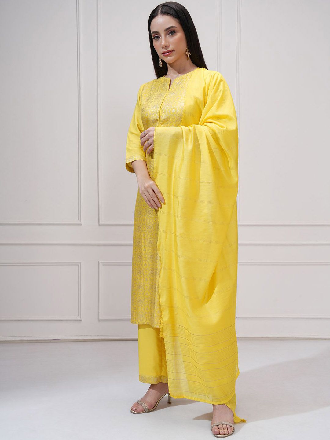 Vishudh Floral Woven Design Notch Neck Jacquard Straight Kurta With Trouser And Dupatta