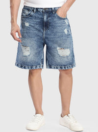 Bene Kleed Men Washed Mid-Rise Knee Length Relaxed Fit Denim Shorts