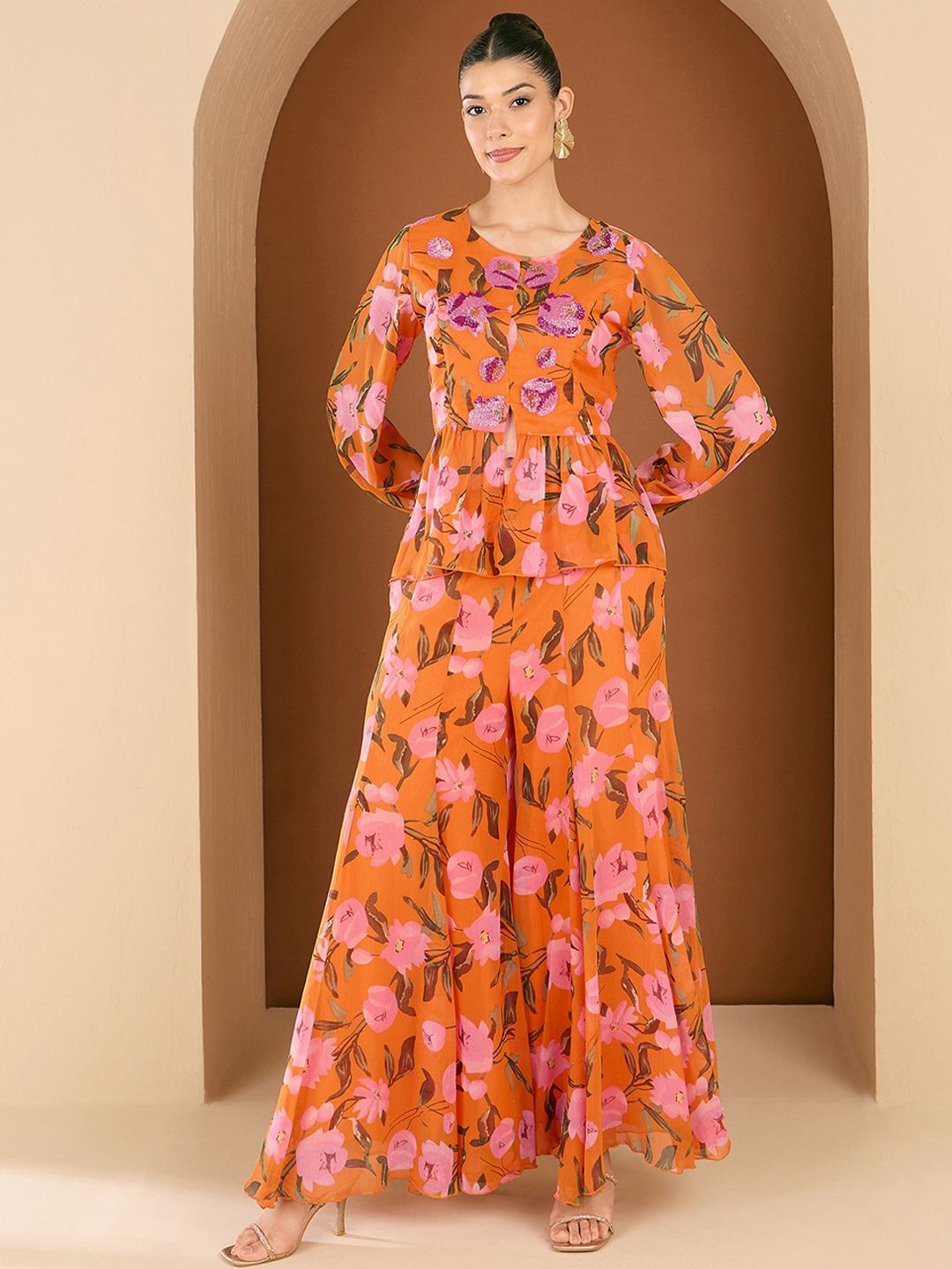 Antheaa Printed Embellished Round Neck Top With Palazzos