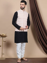Anouk Black Floral Embroidered Pure Cotton Straight Kurta & Churidar & Nehru Jacket